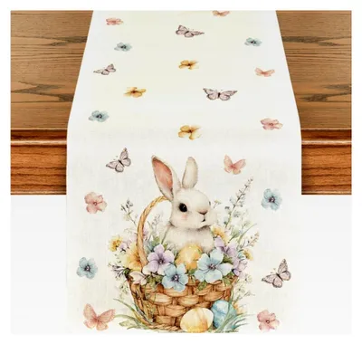 Produktbild von Tischläufer mit Hase, Blumen, Schmetterlingen und Ostereiern für Ostern, 40x140 cm
