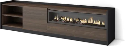 Produktbild von TV-Schrank, Lowboard, 207x37x50cm, Für TV-Geräte bis zu 80", Elektrokamin., Dunkler Eiche und Schwarz