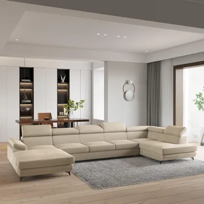 Produktbild von Masseno Ecksofa MONTIVA mit Schlaffunktion U-Form, Sofa mit Bettkasten, Wohnzimmersofa, Couch, Soffa, Bettsofa, Couchgarnitur- Creme, MONOLITH 04