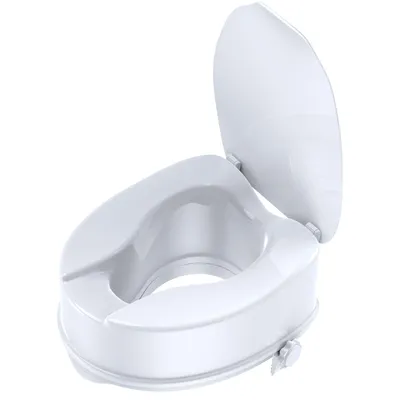 A white toilet seat riser with a lid, shown from a slightly elevated angle against a white background.