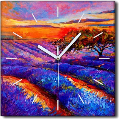 Produktbild von Coloray Uhr auf Leinwand 30x30 cm Wand Uhr Dekoration Wohnzimmer Segeltuch weiße Zeiger -Lavendelwiesenlandschaft.