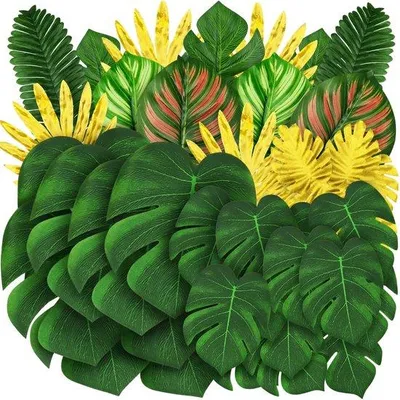Obrázek produktu pro 50 kusů umělých rostlin monstera, tropická listová dekorace, palmové listy se stonky pro pláž, oslavu, luau, havajské dekorace