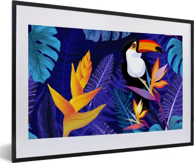 Produktbild von MuchoWow® Gerahmtes Poster Dschungel - Tukan - Blumen - Pflanzen - Kinder - Lila - Tiere 60x40 cm - Poster mit Schwarzem Bilderrahmen Wandposter Rahmen Foto Bilder - Schlafzimmer - Plakat in Rahmen - Drucken