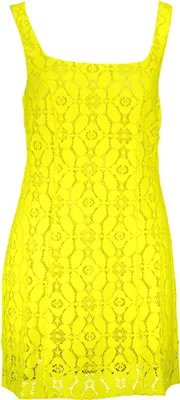 Produktbild von Ärmelloses gelbes Damenkleid mit quadratischem Ausschnitt und Details
