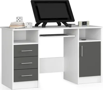A white and gray computer desk with a monitor, keyboard, and drawers.