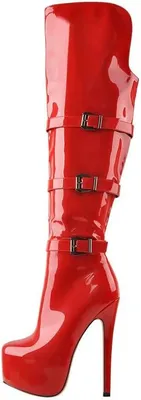Productafbeelding van Dames overknee laarzen in rood met plateauzool, naaldhak van 16 cm en gespen, maat 46 EU
