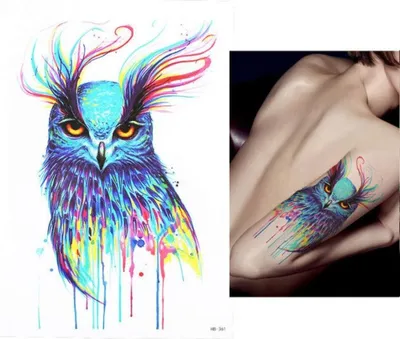Produktbild von Temporäres Tattoo Uhu Eule Bunt Design Temporary Klebetattoo Körperkunst