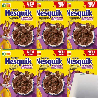 Produktbild von NESQUIK Crunchy Brownie knusprige Frühstücks-Cerealien Schokolade 6er Pack (6x300g Packung) + usy Block