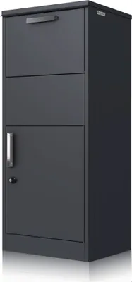 A dark gray metal filing cabinet with two drawers and a cabinet door on the bottom.
