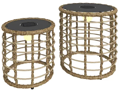 Zdjęcie produktu dla Solarna lampa z rattanu PE, styl boho, zestaw 2 sztuk, lampa ogrodowa LED z czujnikiem zmierzchu, kolor beżowy | 2 sztuki | IP44 | 45 x 45 x 45 cm