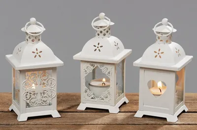 Produktbild von Windlicht Laterne weiß Glas Metall H 14 cm Herz Blüte Raute 3er Set