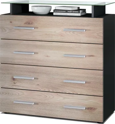 Produktbild von Vladon Sideboard Pavos V2, Kommode mit 4 Schubladen und Glasablage, Schwarz matt/Eiche Nordic (76 x 81 x 35 cm)