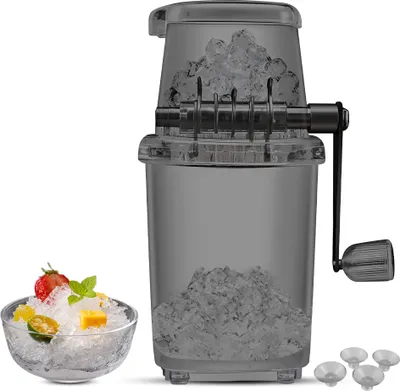 Produktbild von Hand-Eiszerkleinerer fuer den Heimgebrauch mit Edelstahlklingen und Saugfuss, manueller Eisbrecher mit Handkurbel, BPA-frei, transparent, tragbarer Eiszerkleinerer zum Zubereiten von Getraenken, Eisplatten, Cocktails