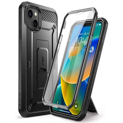 A black protective phone case with a clear screen protector and a phone inside.
