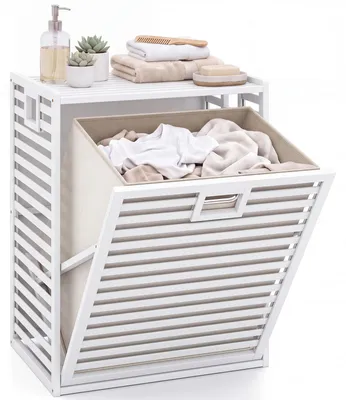 Produktbild von COSTWAY Wäschekorb, Wäschesammler aus Bambus, Wäscheschrank 68 L mit Fach & abnehmbarem Wäschesack, Wäschebox mit Griffen & Lamellen, 50 x 35 x 64 cm