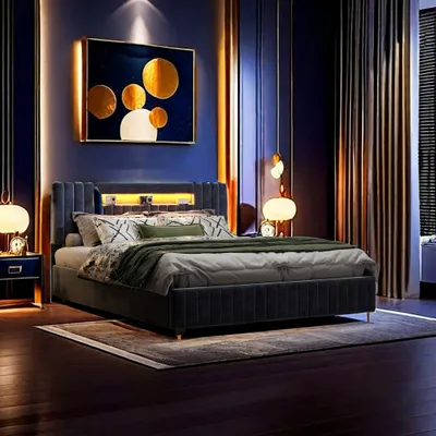 Immagine prodotto di UnboxG Letto imbottito matrimoniale 140x200 cm, letto contenitore con luci LED, letto giovanile con testata contenitore, rete idraulica con doghe in legno, velluto, grigio