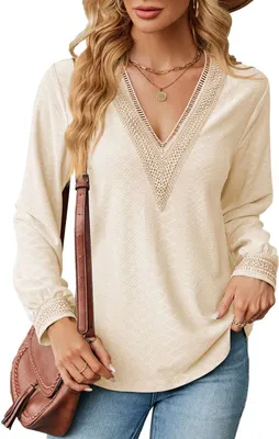 Image de ASKSA Femme Col V Manches Longues T-shirt Elégant Blouse Epissure Dentelle Casual Manches Longues Tunique Tops, Abricot, S