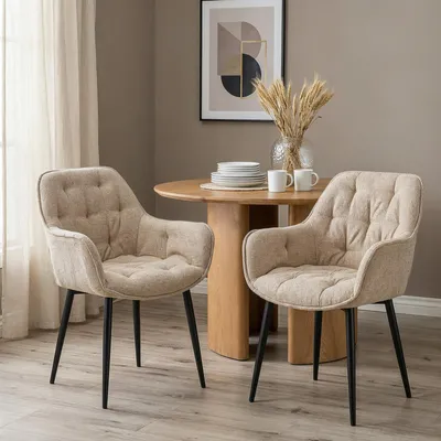 Produktbild von ARDEN Esszimmerstühle 2er Set, Beige - Polsterstühle mit Armlehnen, Küchenstühle mit Metallgestell ideal für Esszimmer, Küche und Wohnbereich [max. Belastbarkeit 120 kg]