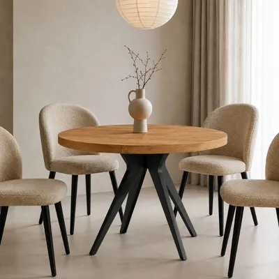 Image de Table ronde VENTO 90 cm, extensible jusqu'à 140 cm, pour la cuisine, la salle à manger ou le salon, chêne Lancelot/noir