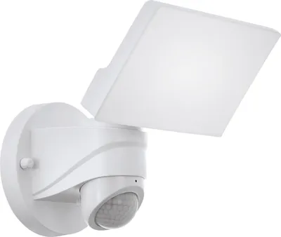 A white outdoor light fixture with a motion sensor, shown against a white background.