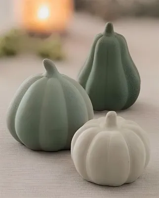 Produktbild von 3x Kürbis "Terracotta" in grün & weiß, Dekokürbis, Herbstdeko, Halloweendeko, Dekofigur