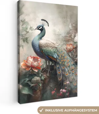 Produktbild von MuchoWow® - Leinwandbilder - Pfau - Pfauenfedern - Vogel - Dschungel - Blumen, Wandbild, Wanddeko Bilder Wohnzimmer, 60x90 cm