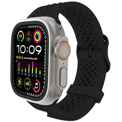 Produktbild von FFO2World Silikonarmband – Für Apple Watch 49/46/45/44/42 mm (Serie Ultra/11/10/9/8/7/6/5/4/3/SE) – Atmungsaktiv – Schwarz