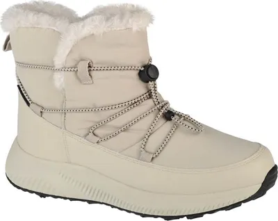 A single beige winter boot with white faux fur trim is shown against a white background.