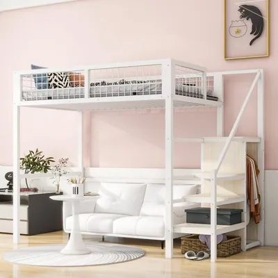 Produktbild von Odikalo Hochbett 90*200 mit Leiter, Kinderbett mit Eisenrahmen und Aufbewahrungsregal, Kleiderschrank, Weiß