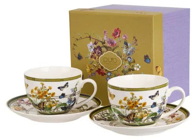 Produktbild von DUO 2er-Set Tassen FLORAL RHAPSODY, 270 ml mit Untertassen, New Bone China Porzellan