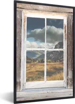 Produktbild von MuchoWow® Gerahmtes Poster Aussicht - Berg - Holz 60x90 cm - Poster mit Schwarzem Bilderrahmen Wandposter Rahmen Foto Bilder - Kunst