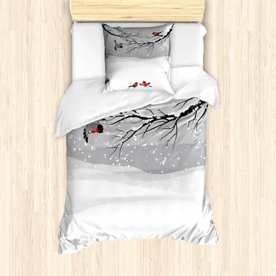 Produktbild von ABAKUHAUS Winter Mantele, Winter Cartoon Vögel, Milbensicher Allergiker geeignet mit Kissenbezügen, 135 cm x 200 cm - 80 x 80 cm, Vermilion Grau Schwarz