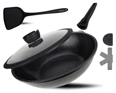 Produktbild von DIVORY Wok Pfanne 30cm mit Deckel - abnehmbarer Stielgriff, induktionsgeeignet, Antihaftbeschichtung, Induktion inkl. Wok-Spatel & Pfannenschoner