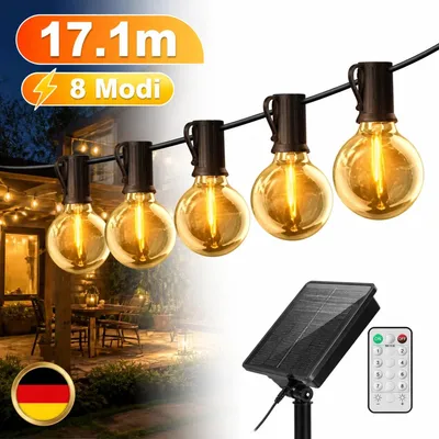 Productafbeelding van Zonne-energie USB lichtketting voor buiten, 17,1 meter, met G40 lampen, weerbestendig, warmwit licht, 8 verschillende lichtmodi