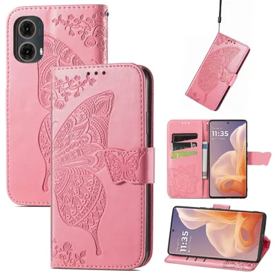 Produktbild von Für Motorola Moto G85 Kunstleder Wallet Handy Tasche Schmetterling Design Hülle Etuis Pink