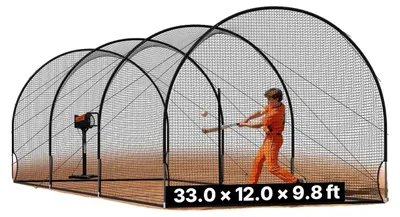 Obrázek produktu pro VEVOR Baseballová klec (půlkruhová) Síť 10058x3660x3000 mm, tréninková síť se 4vrstvou polyesterovou tkaninou bez uzlů a otvorem pro nadhazovací stroj, včetně softballové tréninkové sítě