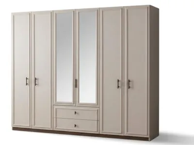 Obrázok produktu pre Moderná šatňová skriňa, 6 dverí, béžová, so zrkadlom, elegantný dizajn