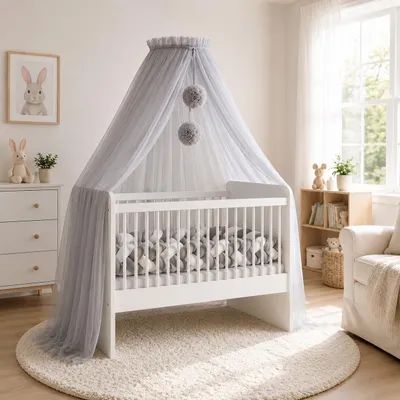 Produktbild von Baby Fancyroom Betthimmel für Babybett, Prinzessin Babywiege, Moskitonetz, Beistellbett Himmel, Babyzimmer Deko, Baldachin Premium Tüll (Hellgrau, Betthimmel mit Bommel)