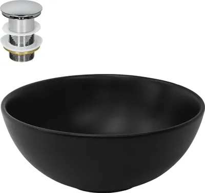 Immagine prodotto di Lavabo LuxeBath Lavabo da appoggio rotondo, Ø 32x13,5 cm, nero opaco, in Vetroceramica, incl. set di scarico senza troppopieno