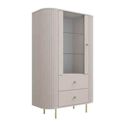 Produktbild von Vitrine OVARO I 155 cm mit 2 Türen und 3 offenen Fächern – Moderne Standvitrine für Wohnzimmer und Esszimmer – Beige