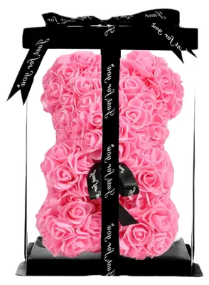 Produktbild von Rosenbär 25 cm mit Geschenkbox – Bär aus Kunstrosen/Schaumrosen für Freundin, Valentinstag, Muttertag, Geburtstag, Dekoration, handgemacht (Rosa)