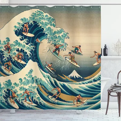 Produktbild von ABAKUHAUS Japanische Welle Duschvorhang, Surfer im Stil asiatischer Kunstwerke Neuinterpretation von Ukiyo e, 175 x 180 cm, Seafoam Blau Eierschalenfarben