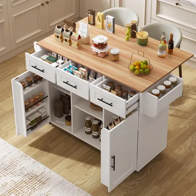 Obrázek produktu pro Abrihome Servírovací vozík kuchyňský vozík se sklopnou pracovní deskou a kolečky, kuchyňský ostrůvek se 3 zásuvkami, kuchyňská skříňka kuchyňský vozík, bílý