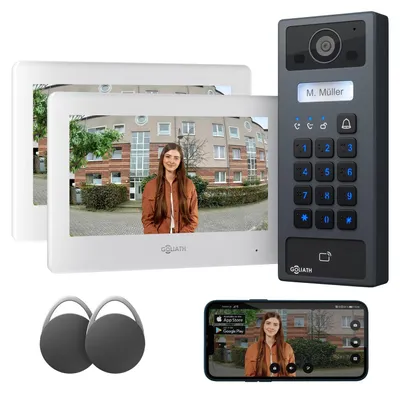 Produktbild von GOLIATH Basic 2-Draht BUS Türsprechanlage | FullHD | App | 2x 7" Monitor | RFID & Keypad | Aufputz