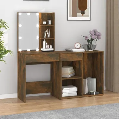 Obrázek produktu pro The Living Store LED toaletní stolek se skříňkou z materiálu na bázi kouřového dubu