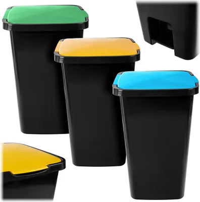 Produktbild von KADAX Treteimer 45 Liter, Mülleimer mit Pedal und Deckel, Abfalleimer für Mülltrennung (schwarz-grün + schwarz-gelb + schwarz-blau)