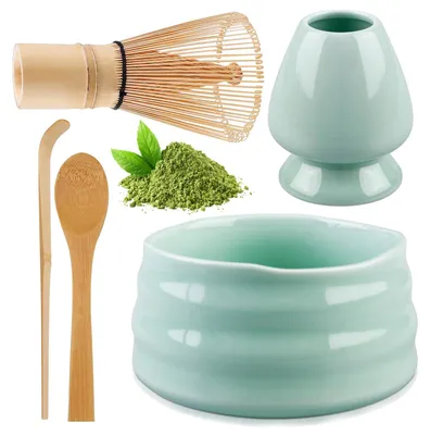 Matcha-Theeset, 5-teilig, Bambusbesen, Keramikschale, 2 Löffel