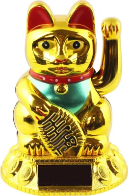 A golden lucky cat figurine with a solar panel on its base.