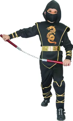 Obrázok produktu pre Odvážny detský kostým ninja bojovníka ninja s dračím motívom čiernej a zlatej farby