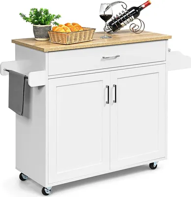 Produktbild von GOPLUS Servierwagen mit Schublade & Schrank, Rollbarer Küchenwagen, Beistellwagen mit Verstellbarer Trennwand, 2 Räder mit Bremse (weiß )